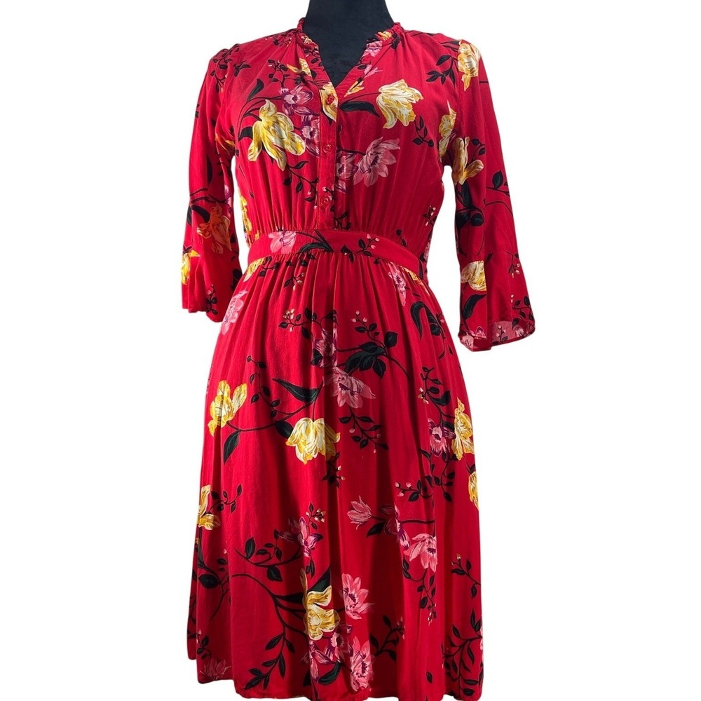 Old Navy Womens S Henley Waist Midi Dress Red Floral‎ Rayon Cottagecore Boho
